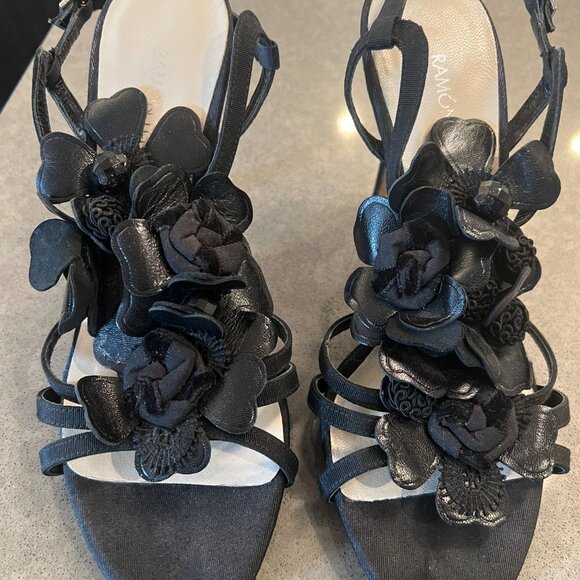 High Heels Black Leather, Fabric, and Baubles Floral Pattern Ramon Tenza Size 6 - Picture 2 of 7